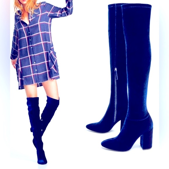 Zara Blue Velvet Over-the-knee Boots with Chunky Heels - Picture 1 of 11